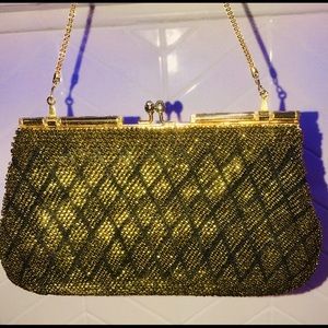 Shine bright w/ vintage gold beaded and black stitched evening purse/clutch